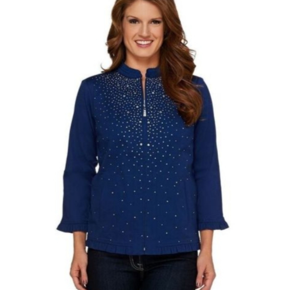 Quacker Factory Sparkle Stretch Embellished Ruffle Navy Blue Jacket - Picture 13 of 13